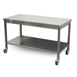 HCB Basic-line Work Table - with undershelf - 140 x 70 x 85 cm - mobile - stainless steel