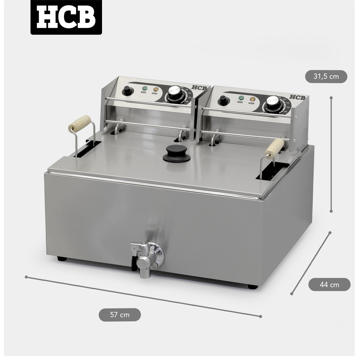 HCB Oliebollen Fryer - 14 liters - drain valve - 2 x 230V - stainless steel