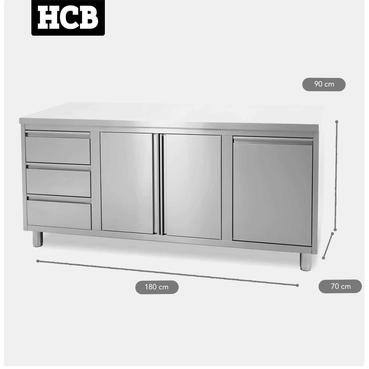 HCB Work cabinet - folding door - 3 drawers - waste bin - 180 cm - stainless steel