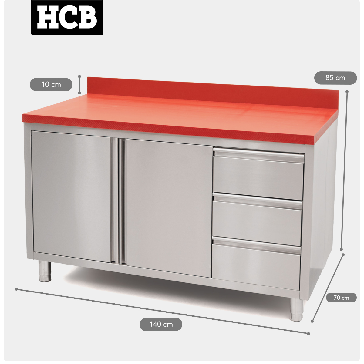 HCB Work cabinet - cutting table - folding doors - drawers - 140 cm - stainless steel - Polyethylene